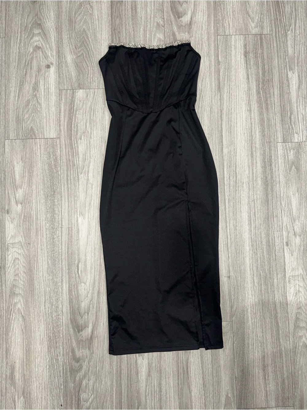 Strapless Black Midi Dress with Lace Trim